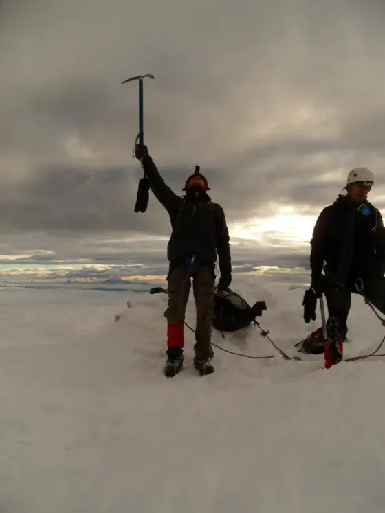 Climbers on the snowy summit of Chimborazo